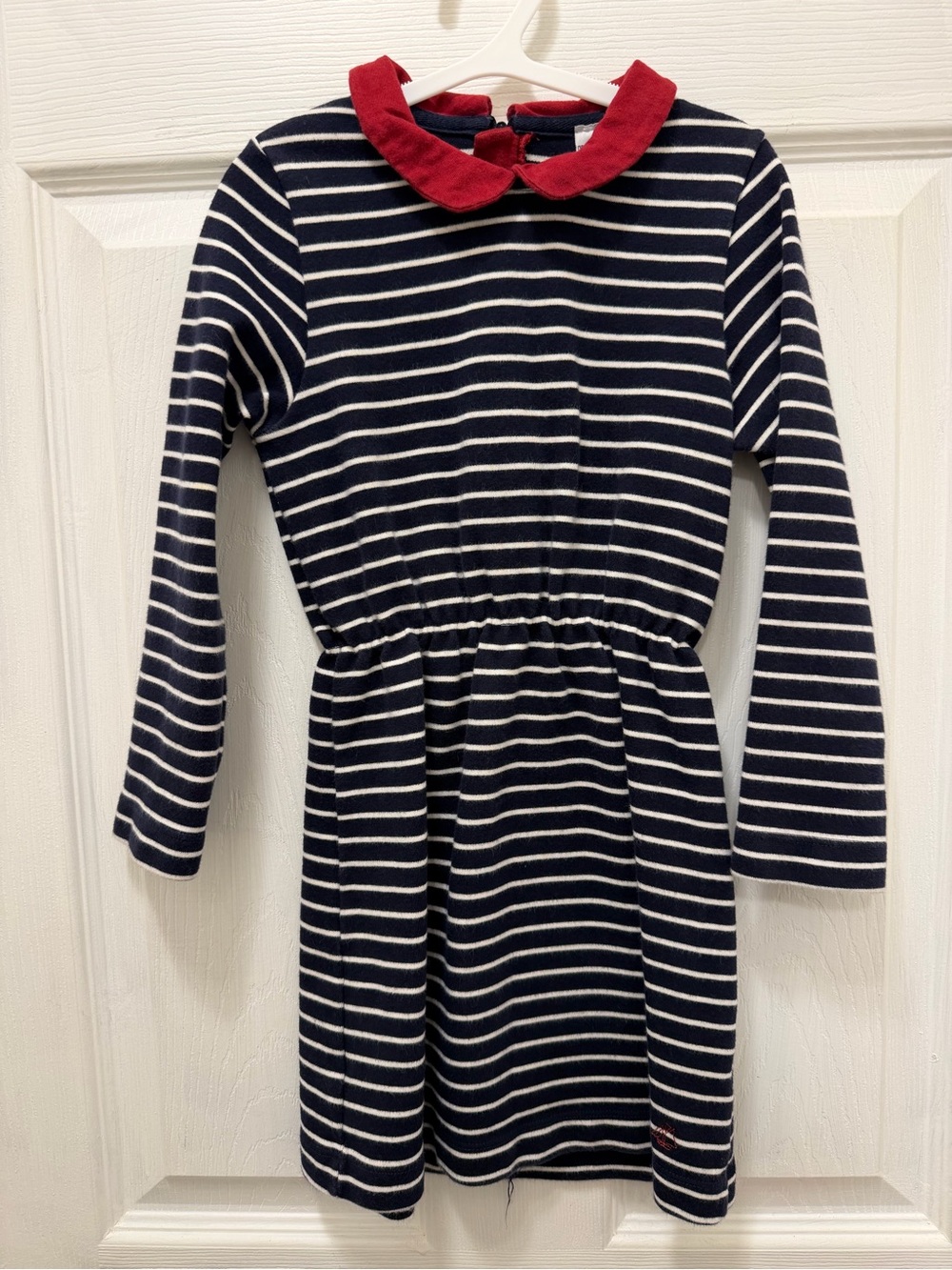 Petit Bateau Navy and White Striped Dress with Red Collar